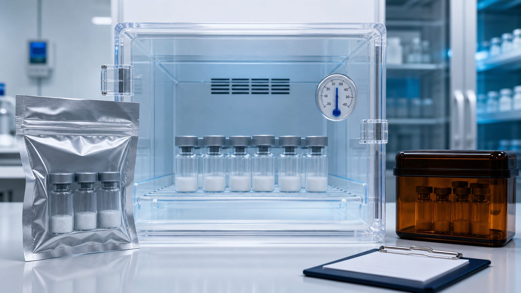 Lyophilized peptide vials in controlled storage